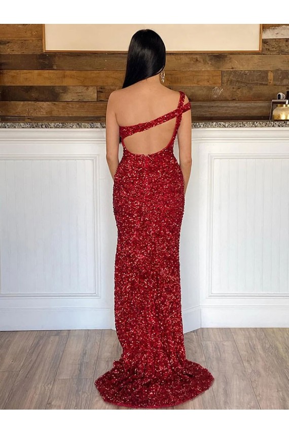 Sheath One Shoulder Velvet Sequins Sweep Train Burgundy Velvet Sequin Prom Dress / Evening Dress Belfast