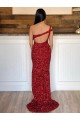 Sheath One Shoulder Velvet Sequins Sweep Train Burgundy Velvet Sequin Prom Dress / Evening Dress Belfast