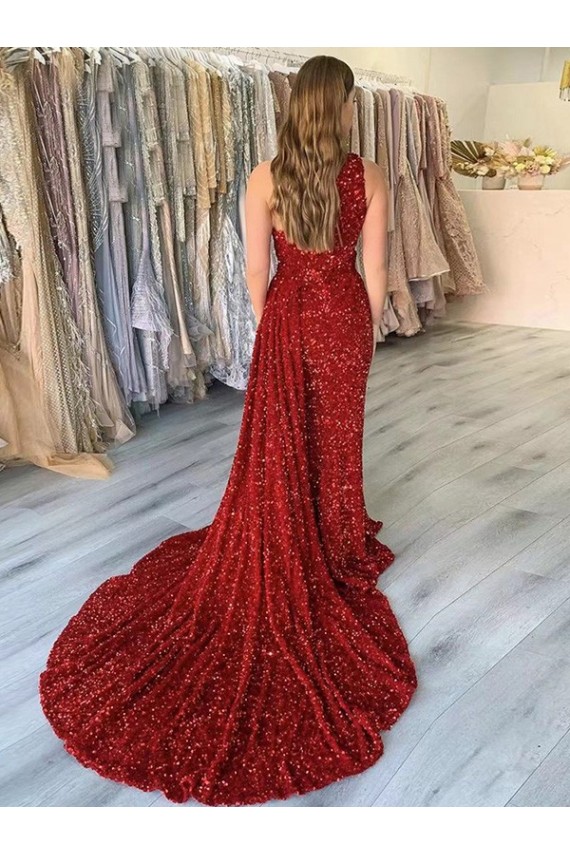 Sheath One Shoulder Velvet Sequins Court Train Burgundy Velvet Sequin Prom Dress / Evening Dress Belfast