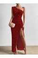 Sheath One Shoulder Velvet Sequins Long Red Velvet Sequin Prom Dress / Evening Dress Belfast