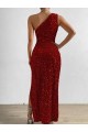 Sheath One Shoulder Velvet Sequins Long Red Velvet Sequin Prom Dress / Evening Dress Belfast