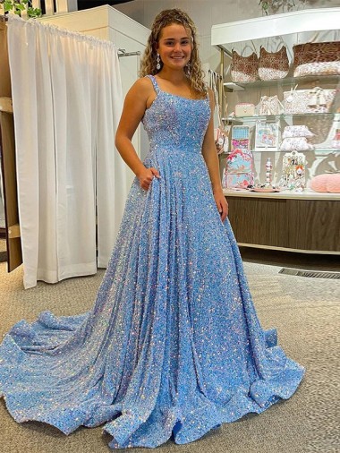 A-Line Scoop Neck Velvet Sequins Court Train Shown Color Velvet Sequin Prom Dress / Evening Dress Belfast