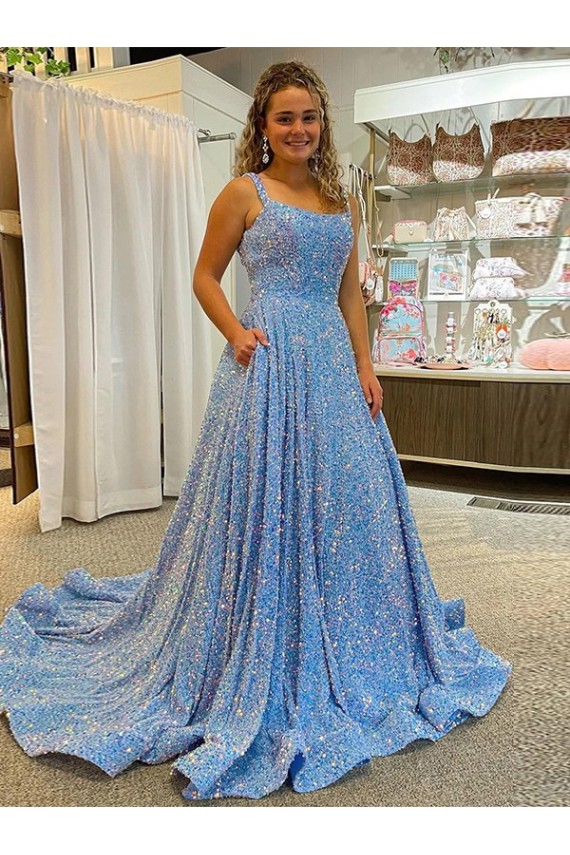 A-Line Scoop Neck Velvet Sequins Court Train Shown Color Velvet Sequin Prom Dress / Evening Dress Belfast