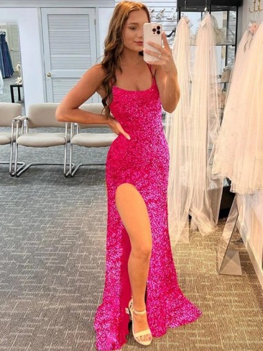 Sheath Spaghetti Straps Velvet Sequins Sweep Train Fuchsia Velvet Sequin Prom Dress / Evening Dress Belfast