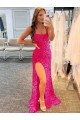 Sheath Spaghetti Straps Velvet Sequins Sweep Train Fuchsia Velvet Sequin Prom Dress / Evening Dress Belfast