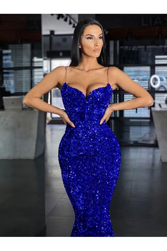 Mermaid Spaghetti Straps Velvet Sequins Sweep Train Royal Blue Velvet Sequin Prom Dress / Evening Dress Belfast