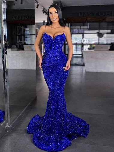 Mermaid Spaghetti Straps Velvet Sequins Sweep Train Royal Blue Velvet Sequin Prom Dress / Evening Dress Belfast