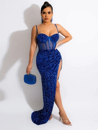 Sheath Spaghetti Straps Velvet Sequins Sweep Train Royal Blue Velvet Sequin Evening Dress Belfast