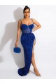 Sheath Spaghetti Straps Velvet Sequins Sweep Train Royal Blue Velvet Sequin Evening Dress Belfast