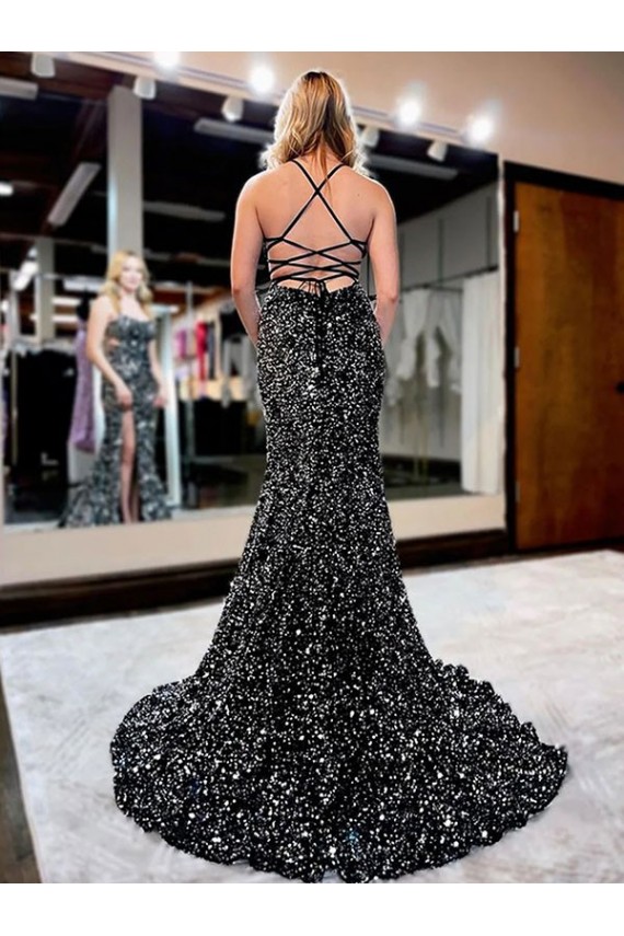 Sheath Spaghetti Straps Velvet Sequins Sweep Train Shown Color Velvet Sequin Prom Dress / Evening Dress Belfast