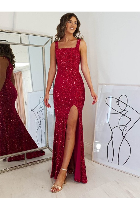 Sheath Square Neck Velvet Sequins Long Burgundy Velvet Sequin Prom Dress / Evening Dress Belfast