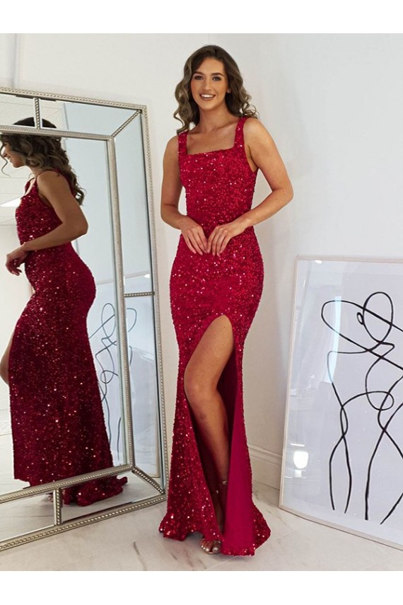 Sheath Square Neck Velvet Sequins Long Burgundy Velvet Sequin Prom Dress / Evening Dress Belfast