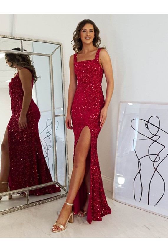 Sheath Square Neck Velvet Sequins Long Burgundy Velvet Sequin Prom Dress / Evening Dress Belfast