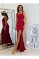 Sheath Square Neck Velvet Sequins Long Burgundy Velvet Sequin Prom Dress / Evening Dress Belfast