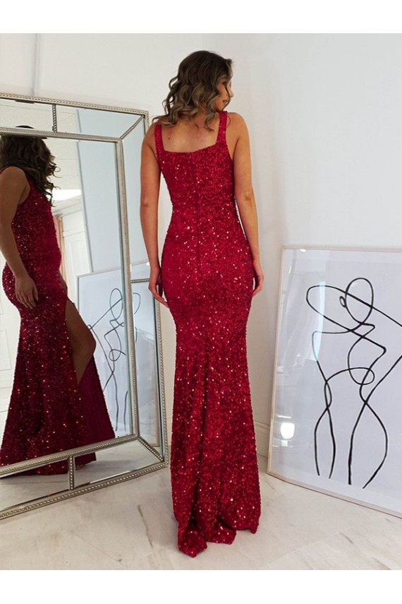 Sheath Square Neck Velvet Sequins Long Burgundy Velvet Sequin Prom Dress / Evening Dress Belfast