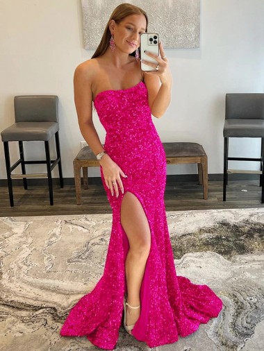 Sheath Strapless Velvet Sequins Sweep Train Fuchsia Velvet Sequin Prom Dress / Evening Dress Belfast