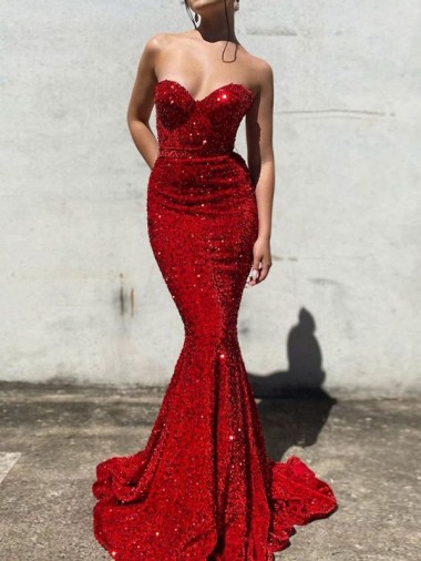 Mermaid Sweetheart Velvet Sequins Court Train Burgundy Velvet Sequin Prom Dress / Evening Dress Belfast