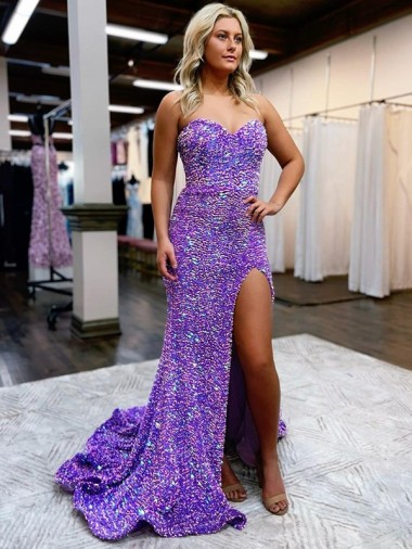 A-Line Sweetheart Velvet Sequins Court Train Lavender Velvet Sequin Prom Dress / Evening Dress Belfast