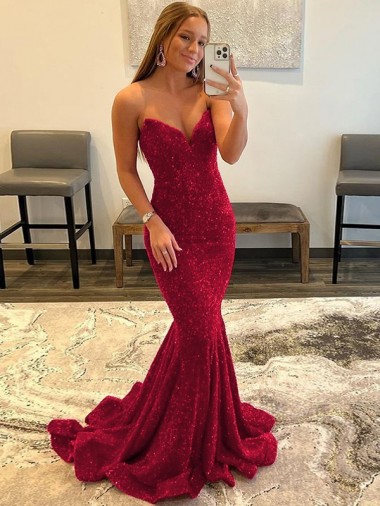 Sheath Sweetheart Velvet Sequins Sweep Train Burgundy Velvet Sequin Prom Dress / Evening Dress Belfast