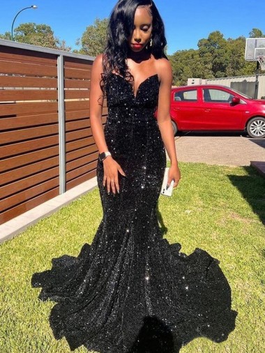 Mermaid Sweetheart Velvet Sequins Long Black Velvet Sequin Prom Dress Belfast
