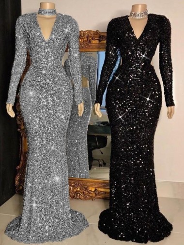 Sheath V-Neck Velvet Sequins Sweep Train Black Velvet Sequin Prom Dress Belfast