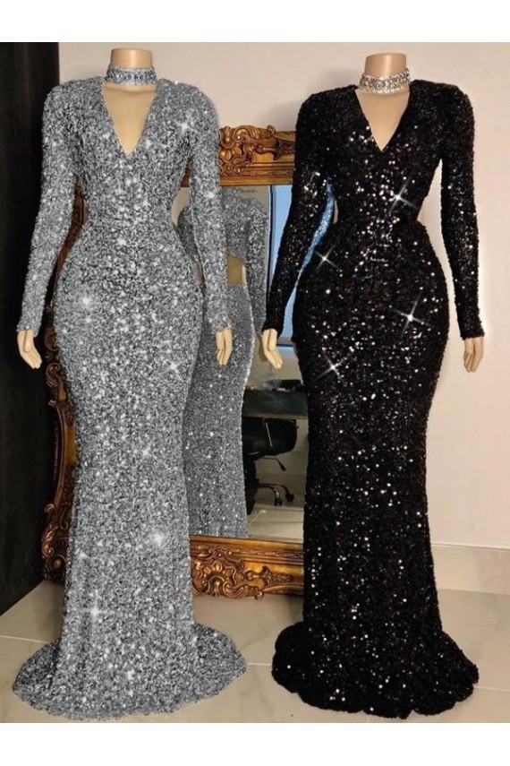 Sheath V-Neck Velvet Sequins Sweep Train Black Velvet Sequin Prom Dress Belfast