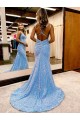 Sheath V-Neck Velvet Sequins Sweep Train Periwinkle Velvet Sequin Prom Dress / Evening Dress Belfast