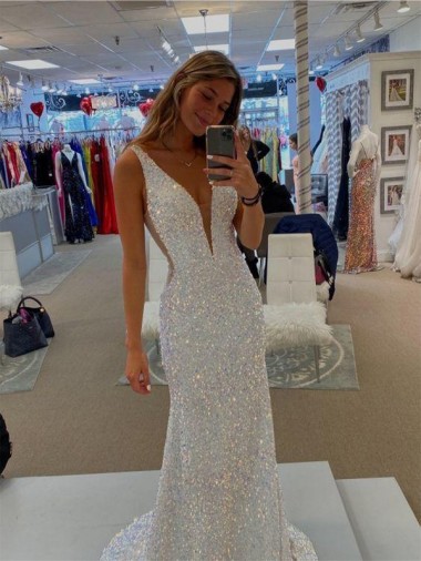 Sheath V-Neck Velvet Sequins Sweep Train Shown Color Velvet Sequin Prom Dress / Evening Dress Belfast