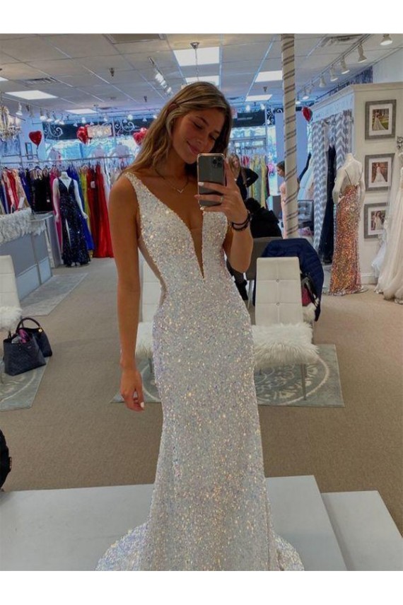 Sheath V-Neck Velvet Sequins Sweep Train Shown Color Velvet Sequin Prom Dress / Evening Dress Belfast