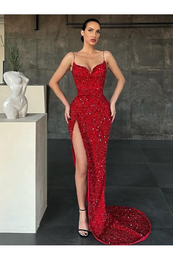 Sheath V-Neck Velvet Sequins Sweep Train Red Velvet Sequin Prom Dress / Evening Dress Belfast