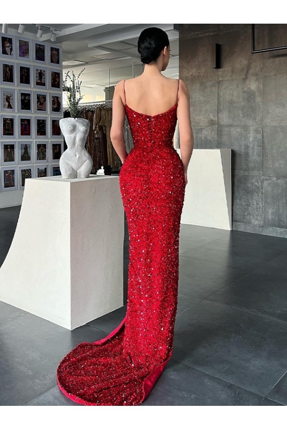 Sheath V-Neck Velvet Sequins Sweep Train Red Velvet Sequin Prom Dress / Evening Dress Belfast