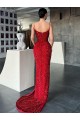 Sheath V-Neck Velvet Sequins Sweep Train Red Velvet Sequin Prom Dress / Evening Dress Belfast