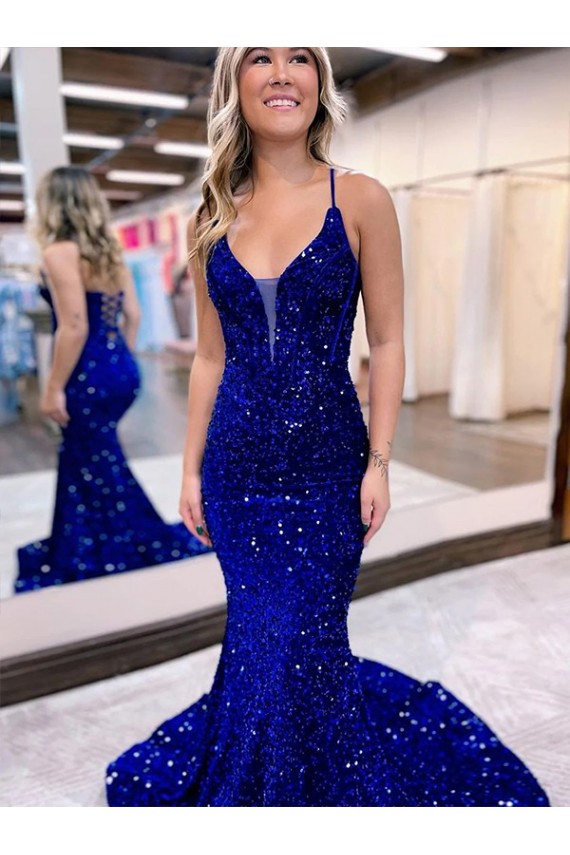 Mermaid V-Neck Velvet Sequins Court Train Royal Blue Velvet Sequin Prom Dress / Evening Dress Belfast