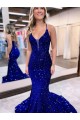 Mermaid V-Neck Velvet Sequins Court Train Royal Blue Velvet Sequin Prom Dress / Evening Dress Belfast