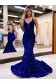 Mermaid V-Neck Velvet Sequins Court Train Royal Blue Velvet Sequin Prom Dress / Evening Dress Belfast