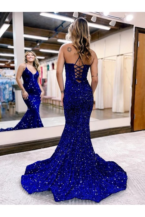 Mermaid V-Neck Velvet Sequins Court Train Royal Blue Velvet Sequin Prom Dress / Evening Dress Belfast