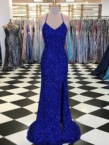Sheath V-Neck Velvet Sequins Sweep Train Royal Blue Velvet Sequin Prom Dress / Evening Dress Belfast