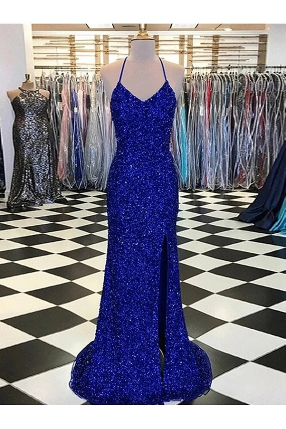 Sheath V-Neck Velvet Sequins Sweep Train Royal Blue Velvet Sequin Prom Dress / Evening Dress Belfast