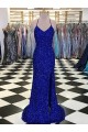 Sheath V-Neck Velvet Sequins Sweep Train Royal Blue Velvet Sequin Prom Dress / Evening Dress Belfast
