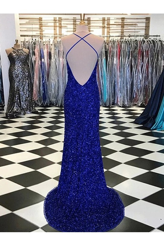 Sheath V-Neck Velvet Sequins Sweep Train Royal Blue Velvet Sequin Prom Dress / Evening Dress Belfast
