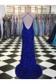 Sheath V-Neck Velvet Sequins Sweep Train Royal Blue Velvet Sequin Prom Dress / Evening Dress Belfast