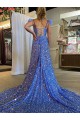A-Line V-Neck Velvet Sequins Court Train Shown Color Velvet Sequin Prom Dress / Evening Dress Belfast