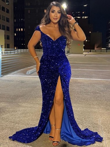 Sheath V-Neck Velvet Sequins Sweep Train Royal Blue Velvet Sequin Dress Belfast