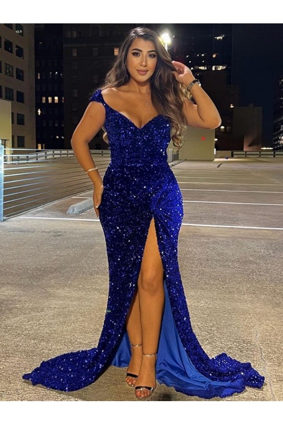 Sheath V-Neck Velvet Sequins Sweep Train Royal Blue Velvet Sequin Dress Belfast
