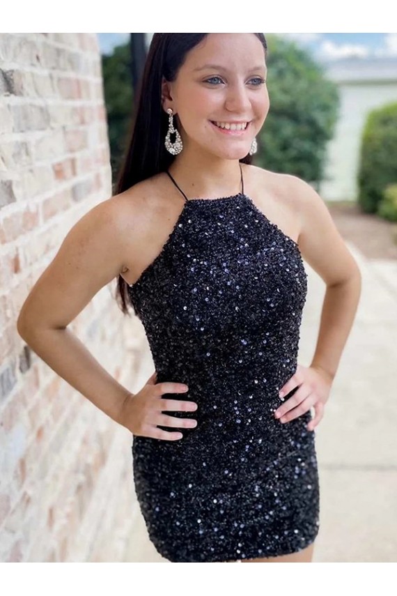 Sheath Halter Neck Velvet Sequins Short Black Velvet Sequin Prom Dress Belfast
