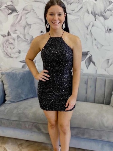 Sheath Halter Neck Velvet Sequins Short Black Velvet Sequin Prom Dress Belfast