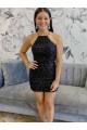 Sheath Halter Neck Velvet Sequins Short Black Velvet Sequin Prom Dress Belfast