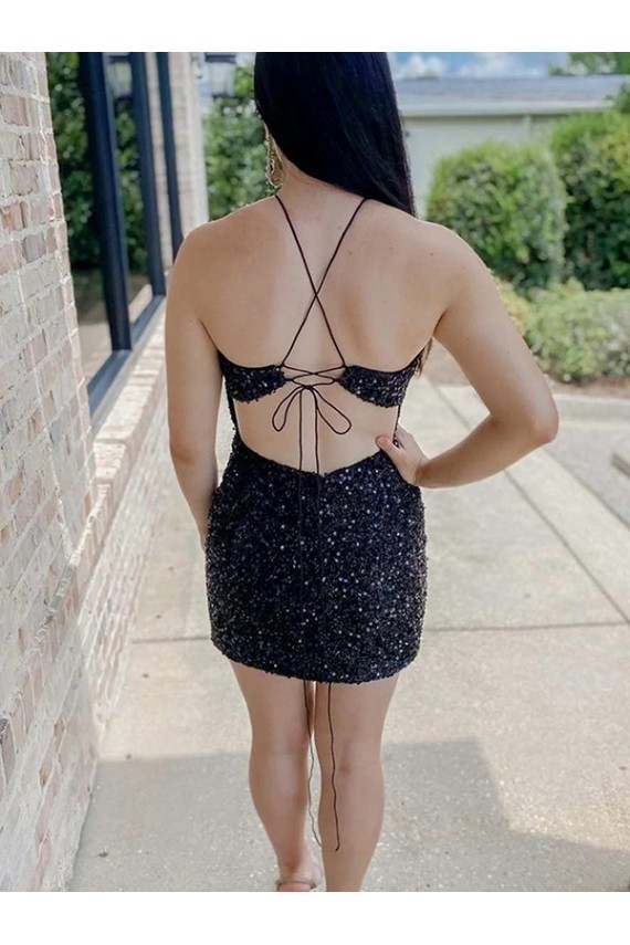 Sheath Halter Neck Velvet Sequins Short Black Velvet Sequin Prom Dress Belfast