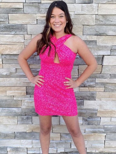 Sheath Halter Neck Velvet Sequins Short Fuchsia Velvet Sequin Prom Dress Belfast