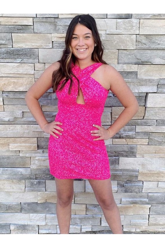 Sheath Halter Neck Velvet Sequins Short Fuchsia Velvet Sequin Prom Dress Belfast